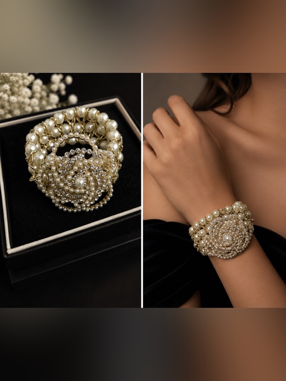 Gold Pearl & Crystal Floral Statement Bracelet - Women's Fashion Bracelet - Picture 2 of 3